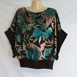 Uno Core 1XL Brown Floral Top Dramatic Sleeves Womens Flowy